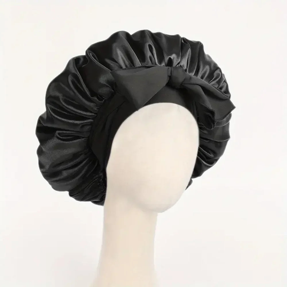 Satin Silk Hair Bonnet Adjustable Tie Band Wide-brimmed Night Sleeping Bathing Hat Bonnet for Women Unisex Protective Headwear