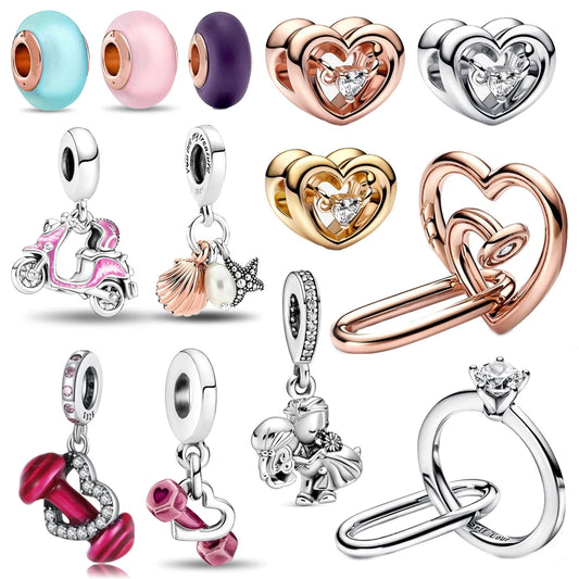 925 Sterling Silver Charm Beads Hearts Scooter Dumbbell Pearl DIY Bracelet Jewelry Making Supplies