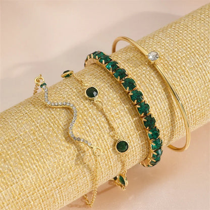 Charmante 4-delige set van modieuze slangen geïnspireerde groene edelstenen armbanden met fonkelende rhinestones – Perfecte metalen armbanden voor vrouwen's verjaardagen, feesten en kerstcadeaus!