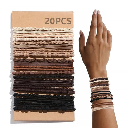 Set van 20 Boho-geïnspireerde elastische haarbanden en armbanden voor vrouwen - Stijlvolle zwarte paardenstaart houders en haarbanden
