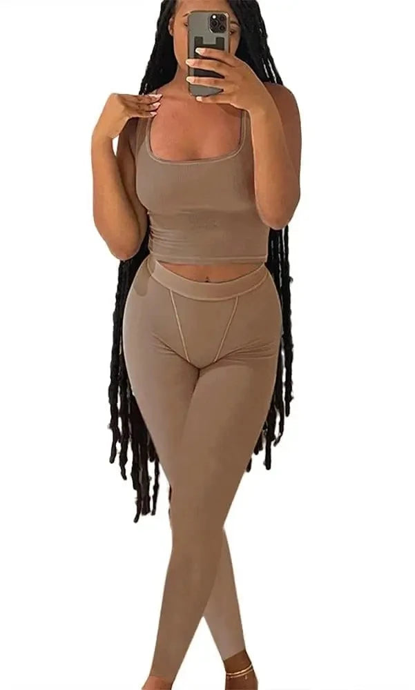 Chique Geribbelde 2-delige Zomer Lounge Set voor Vrouwen: Comfortabele Top & Rekbare Leggings Combinatie