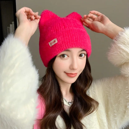 Schattige Kattenoor Gebreide Beanie - Gezellige Neppelzen Wintermuts voor Vrouwen, K-Pop Geïnspireerde Snoepkleuren voor Trendy Streetwear!