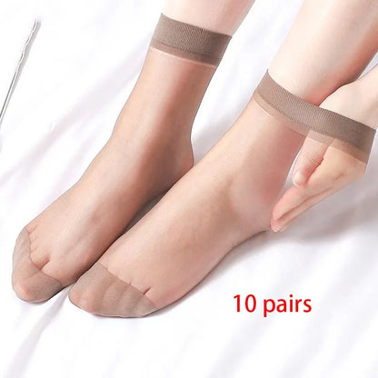 10 Paar Stijlvolle Transparante Zwarte en Huidskleurige Zijden Enkel Sokken voor Vrouwen - Perfect voor Zomer Mode!