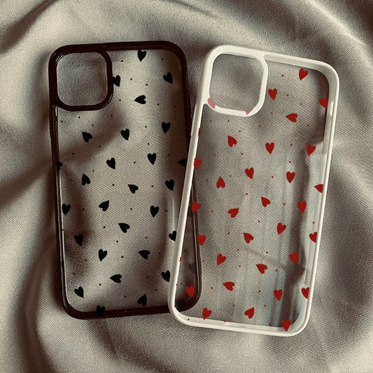 Chic Roze Hart Telefoonhoesje voor iPhone 14 Pro Max, 15, 13, 16, 12 Mini, 11, XR, XS, X en 7 Plus - Schattige Zwarte Transparante Harde Hoes