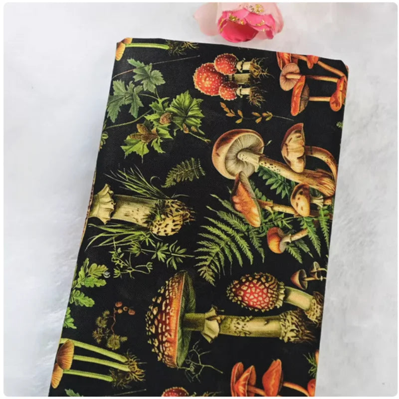Mushroom Print Cotton Fabric Nordic Botanical Pattern for Sewing Bags Quilting DIY Crafts by Meter