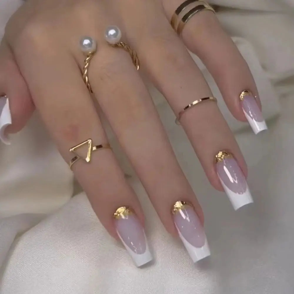 Set van 24 Eenvoudige Gradient Franse Ballerina Druknagels - Waterdichte Medium Coffin Stijl Nepnagels voor Moeiteloze Elegantie!
