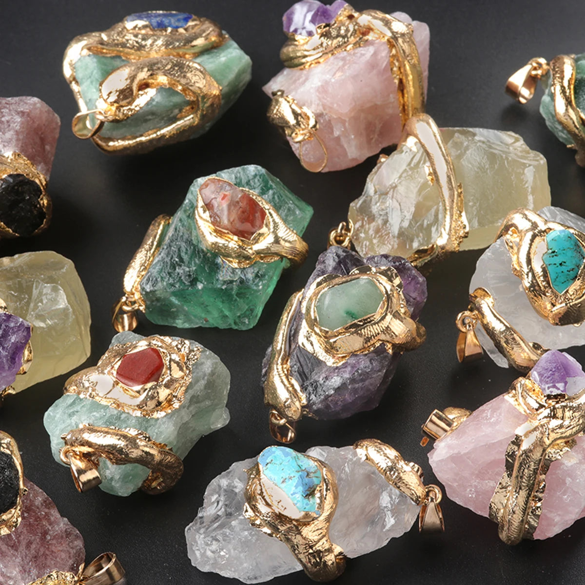 Raw Fluorite Crystal Pendant Gold Wrapped Natural Stone Charm for Jewelry Making DIY Necklace Supply No Chain