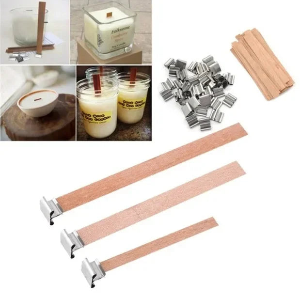 Wooden Candle Wicks with Metal Base Holders Flat Wood Wick Cores for DIY Soy Wax Candle Making