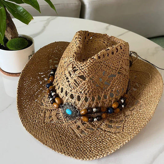 Stijlvolle Vintage Boheemse Strohoed met Houten Kralen - Perfect voor Zomerse Stranddagen en Westerse Avonturen!