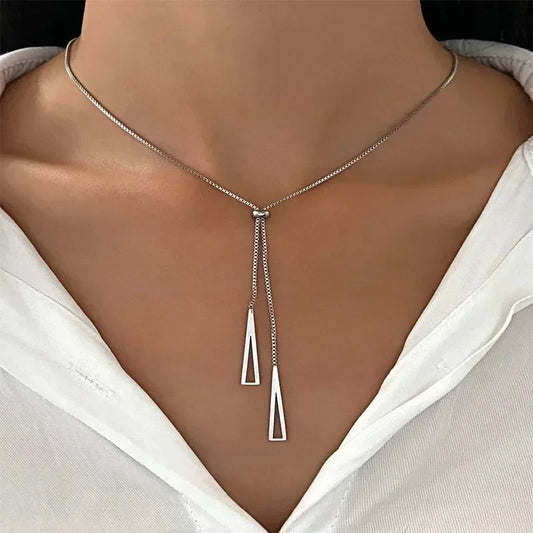 Chique Zilveren Driehoek Pendant Ketting - Trendy Y Lariat Ontwerp voor Dames | Bohemian Minimalistische Charme Sieraden