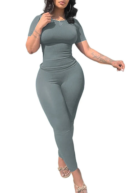 Chique Geribbelde 2-delige Zomer Lounge Set voor Vrouwen: Comfortabele Top & Rekbare Leggings Combinatie