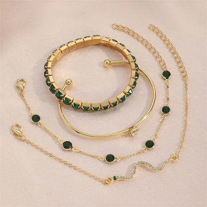 Charmante 4-delige set van modieuze slangen geïnspireerde groene edelstenen armbanden met fonkelende rhinestones – Perfecte metalen armbanden voor vrouwen's verjaardagen, feesten en kerstcadeaus!