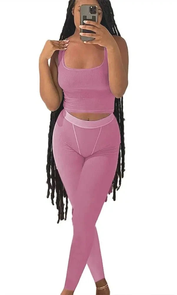 Chique Geribbelde 2-delige Zomer Lounge Set voor Vrouwen: Comfortabele Top & Rekbare Leggings Combinatie