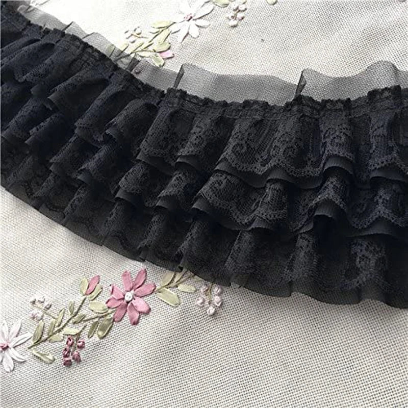 1 Yard Black White Layered Lace Trim 13cm Wide Ruffle Fabric for Skirt Edge Dress Sewing DIY Supplies