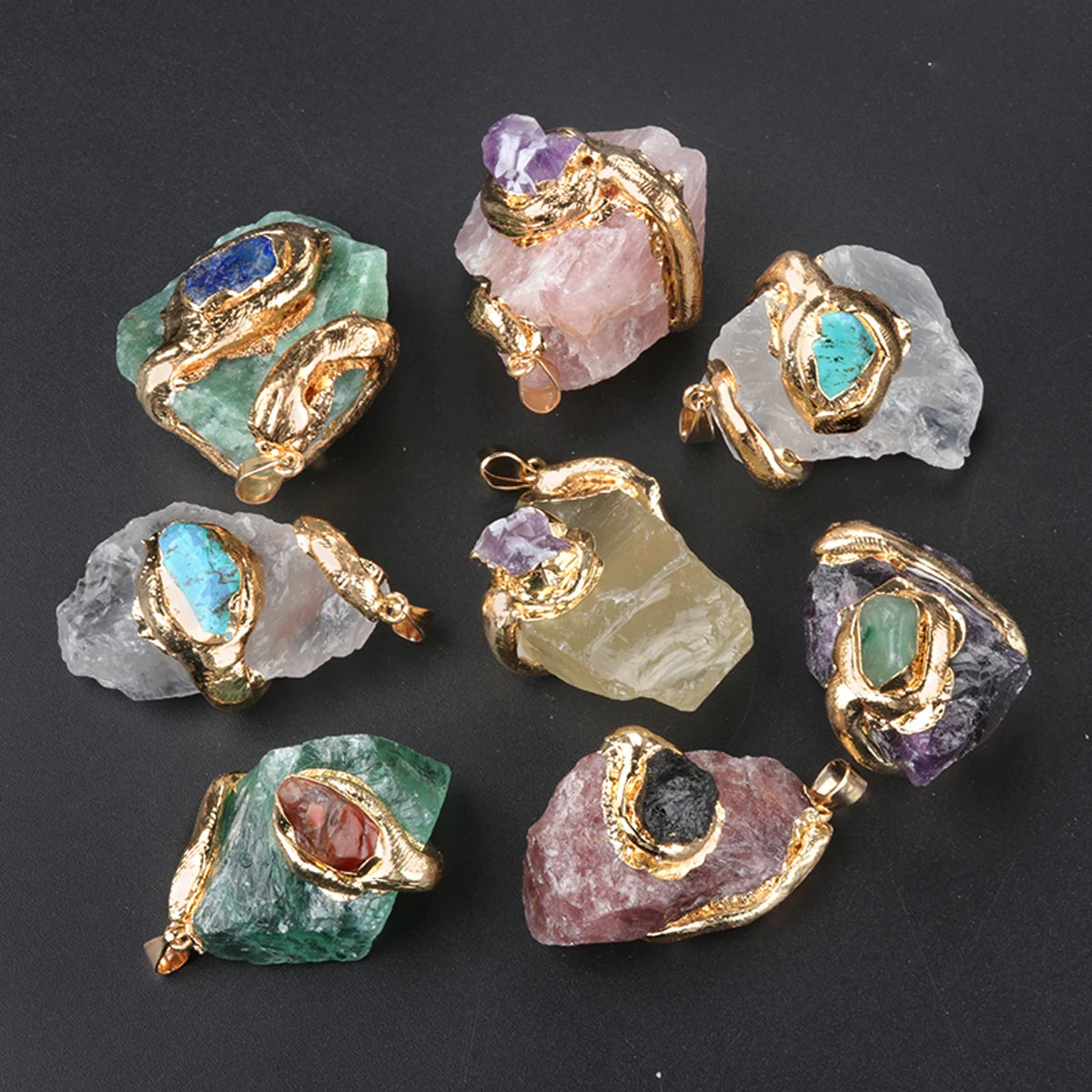 Raw Fluorite Crystal Pendant Gold Wrapped Natural Stone Charm for Jewelry Making DIY Necklace Supply No Chain