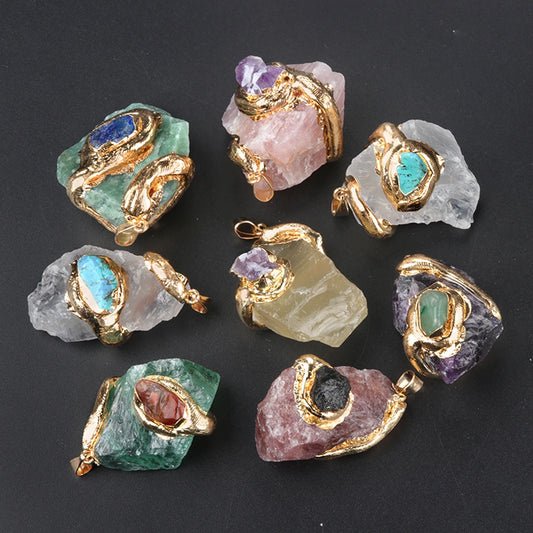 Raw Fluorite Crystal Pendant Gold Wrapped Natural Stone Charm for Jewelry Making DIY Necklace Supply No Chain