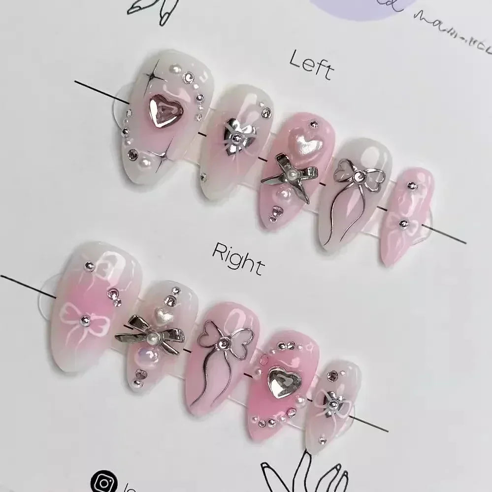 24-delige afneembare Franse nepvalse nagels set met bloem, amandelvorm, sterren en glitters ontwerp - Perfect voor DIY manicure liefhebbers!