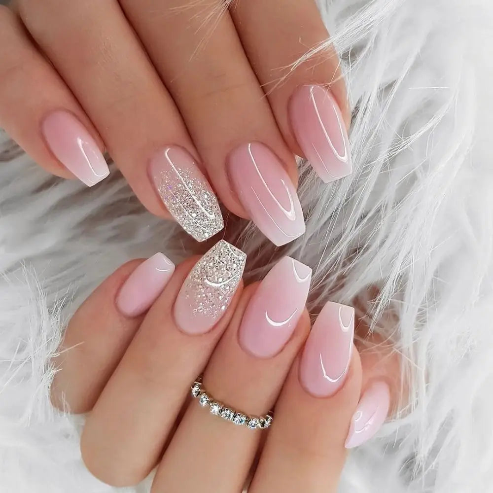 Set van 24 Eenvoudige Gradient Franse Ballerina Druknagels - Waterdichte Medium Coffin Stijl Nepnagels voor Moeiteloze Elegantie!