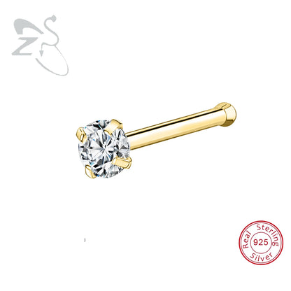 Elegante 925 Sterling zilveren L-vormige neussteker met gouden kleur kristal - Perfect voor neuspiercing (2-3,5 mm)