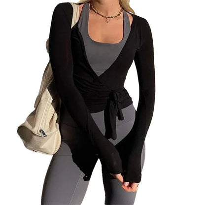 Chique Dames Lange Mouw Cross Wrap Tie Tops - Diepe V-hals Slim Fit T-shirts voor Gym, Yoga en Clubwear