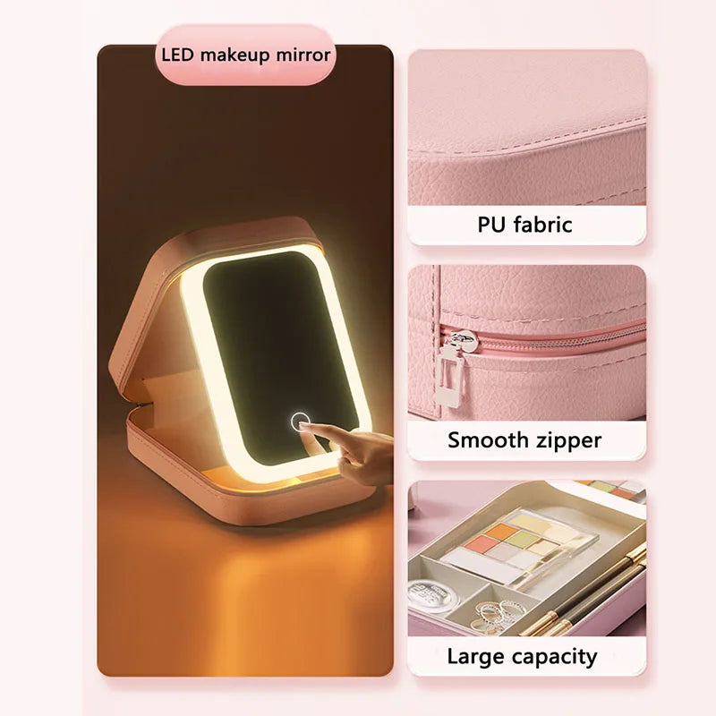 Strakke LED-verlichte cosmetica-etui met spiegel - Stijlvolle PU leren draagbare reismake-up organizer - Waterdichte make-upopslagoplossing