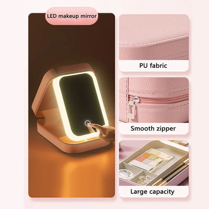 Strakke LED-verlichte cosmetica-etui met spiegel - Stijlvolle PU leren draagbare reismake-up organizer - Waterdichte make-upopslagoplossing