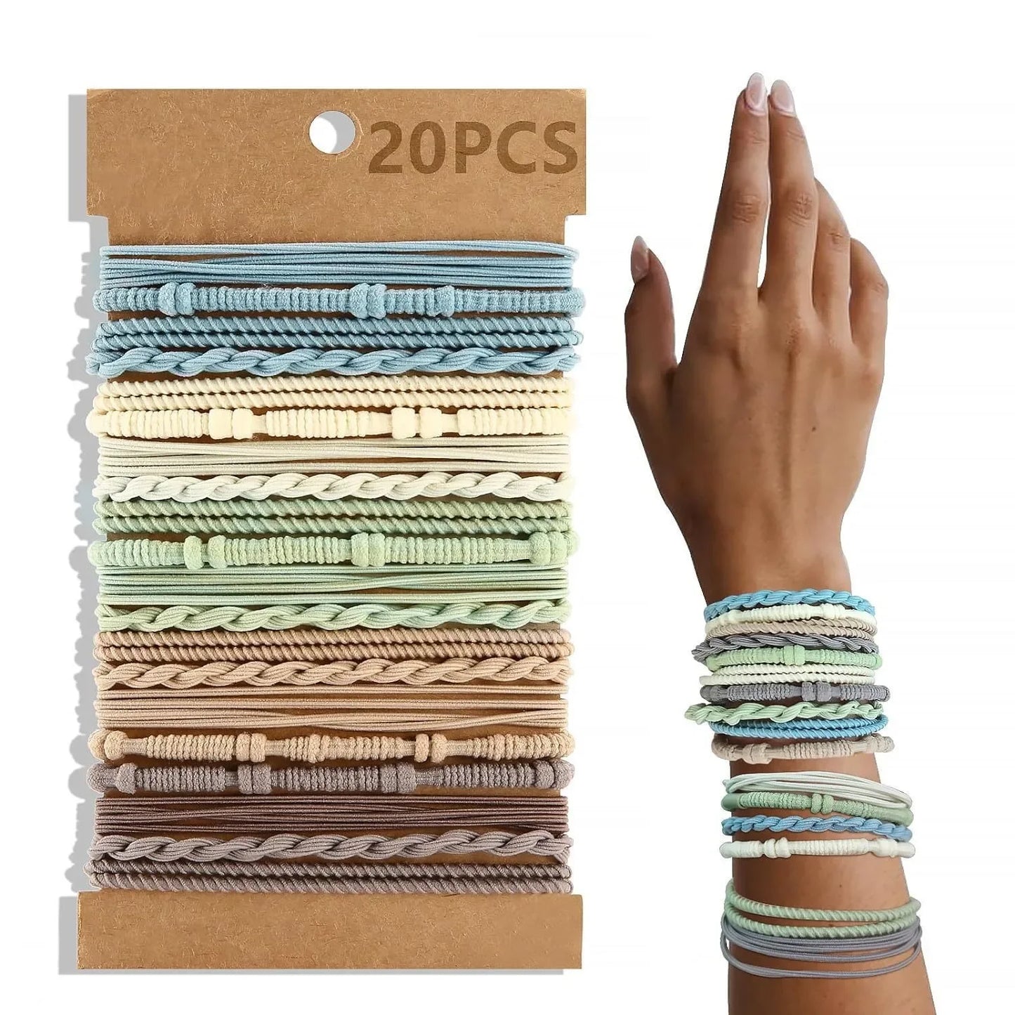 Set van 20 Boho-geïnspireerde elastische haarbanden en armbanden voor vrouwen - Stijlvolle zwarte paardenstaart houders en haarbanden