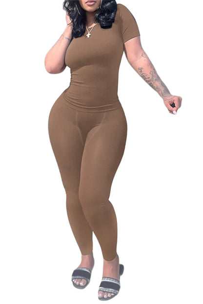 Chique Geribbelde 2-delige Zomer Lounge Set voor Vrouwen: Comfortabele Top & Rekbare Leggings Combinatie