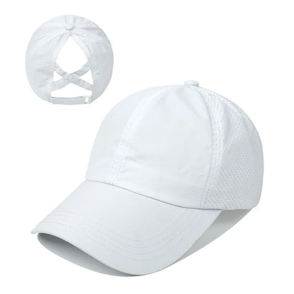 Chic Zomer Effen Baseball Cap voor Vrouwen - Stijlvolle Athleisure Cross Ponytail Hoed met Sneldrogend Gaas Visor