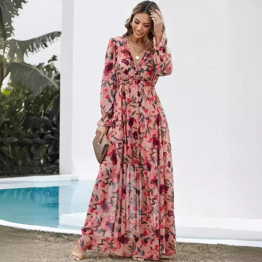 Chic Bloemen Chiffon Maxi Jurk voor Dames – Perfect voor Lente en Zomer met Gerimpelde Lagen en Elegante Lange Mouwen, Ideaal voor Feesten!
