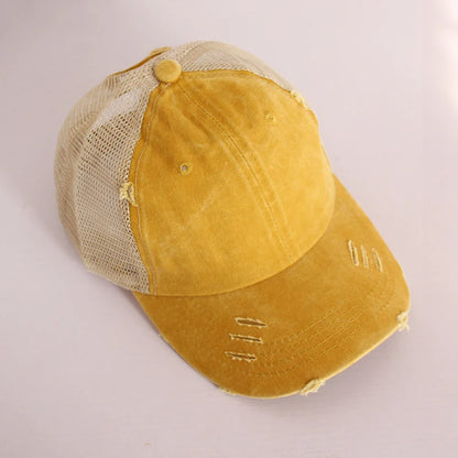 Chic Vintage Paardenstaart Baseballcap voor Dames - Verstelbare Snapback Mesh Zomerhoed met Versleten Afwerking