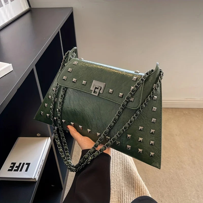 Elegante Vintage Nieten Kettingtas - Klassieke Draaislot Schoudertas voor Stijlvolle Vrouwen - Jouw Veelzijdige Dagelijkse Essentie