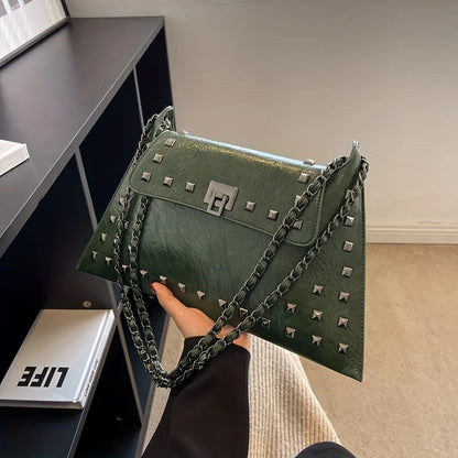 Elegante Vintage Nieten Kettingtas - Klassieke Draaislot Schoudertas voor Stijlvolle Vrouwen - Jouw Veelzijdige Dagelijkse Essentie