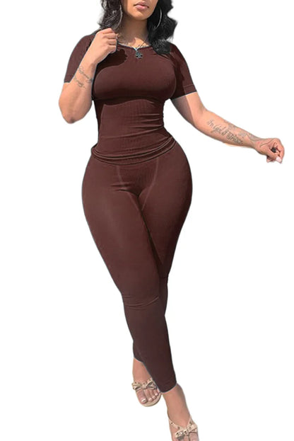 Chique Geribbelde 2-delige Zomer Lounge Set voor Vrouwen: Comfortabele Top & Rekbare Leggings Combinatie