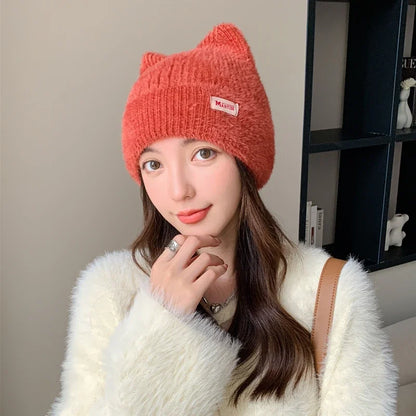 Schattige Kattenoor Gebreide Beanie - Gezellige Neppelzen Wintermuts voor Vrouwen, K-Pop Geïnspireerde Snoepkleuren voor Trendy Streetwear!