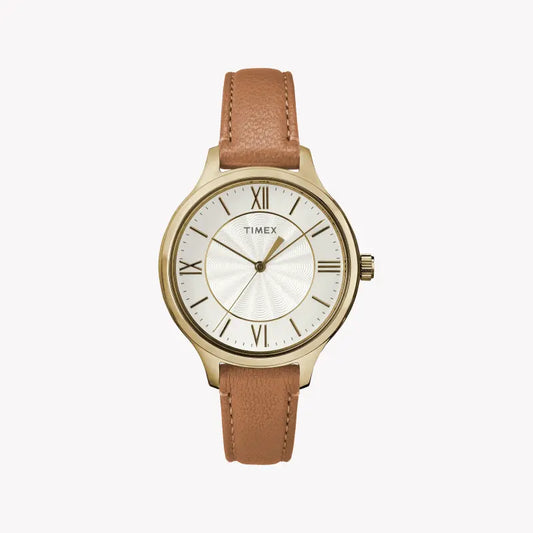 Timex Women's Brown Leather Watch, Silver Dial | TW2R27900-0