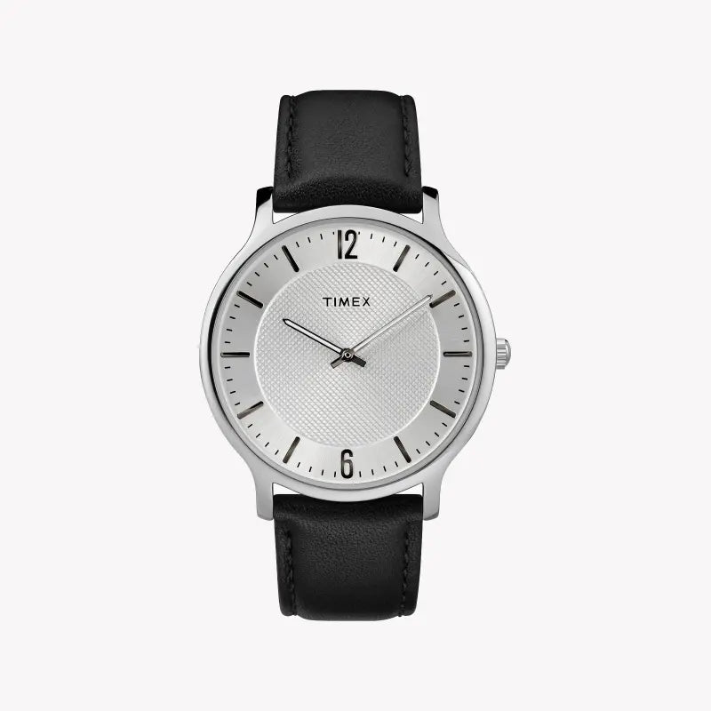 Timex Men's Black Leather Watch, Silver Dial | TW2R50000-0