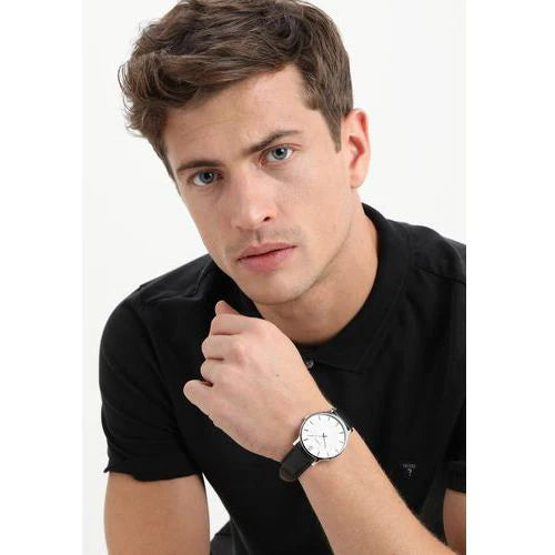 Timex Men's Black Leather Watch, Silver Dial | TW2R50000-3