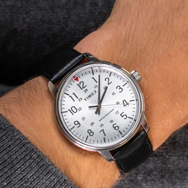 Timex Men's Black Leather Watch, Silver Dial | TW2R85300-3