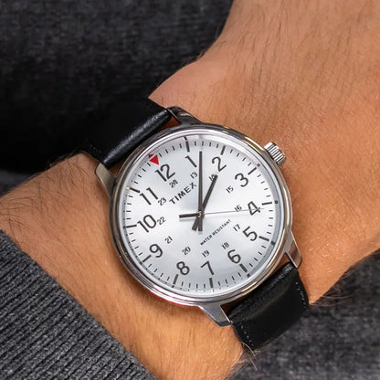 Timex Men's Black Leather Watch, Silver Dial | TW2R85300-3