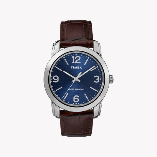 Timex Men's Blue Dial Watch, Brown Leather Strap | TW2R86800-0