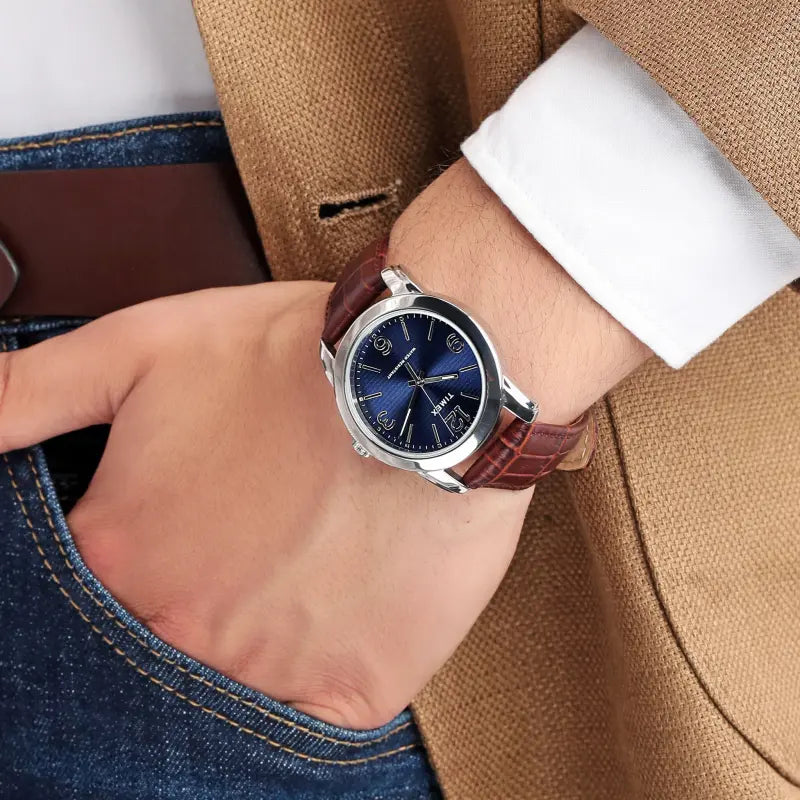 Timex Men's Blue Dial Watch, Brown Leather Strap | TW2R86800-3