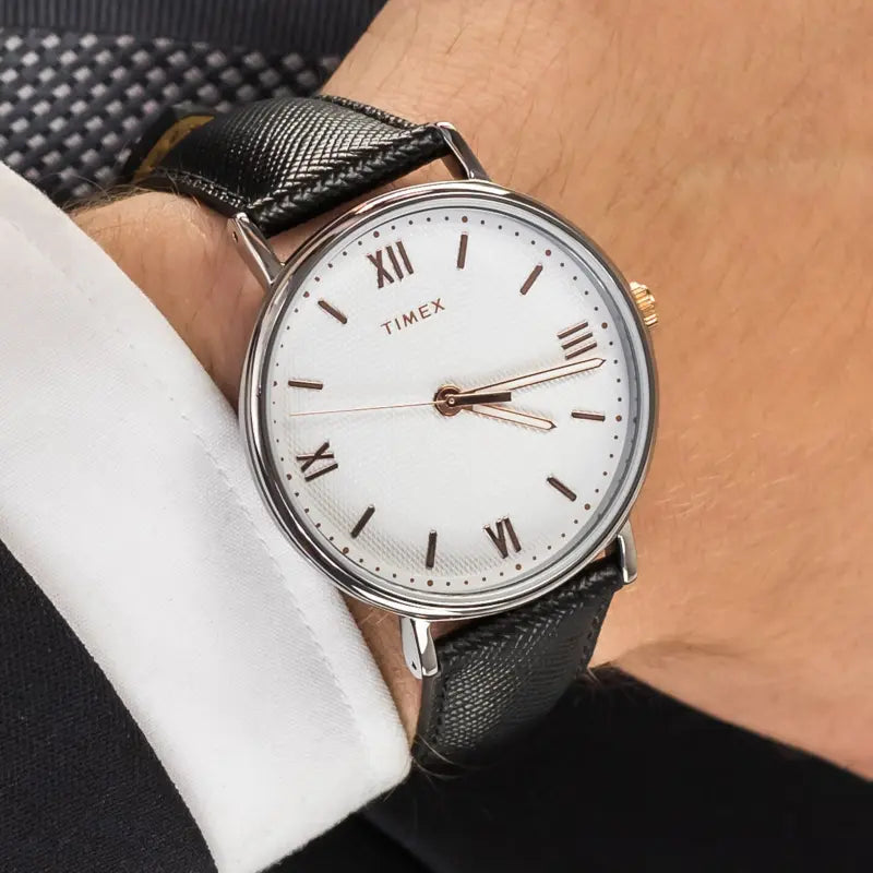 Timex Men's Brass Watch, White Dial, Black Leather Strap | TW2T34700-3