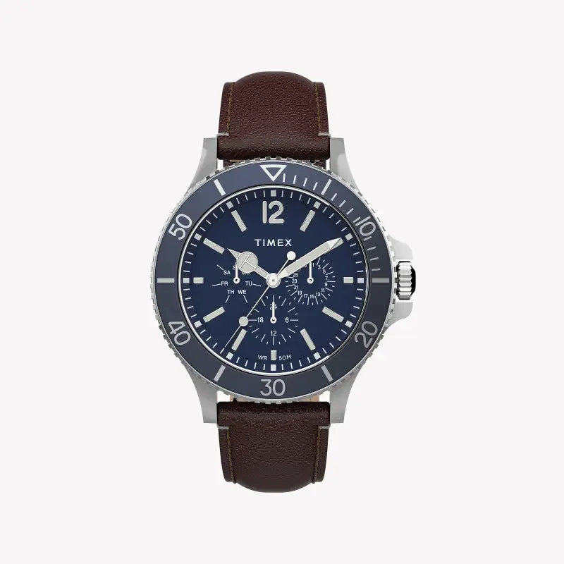 Timex Men's Brown Leather Watch, Blue Dial | TW2U13000-0
