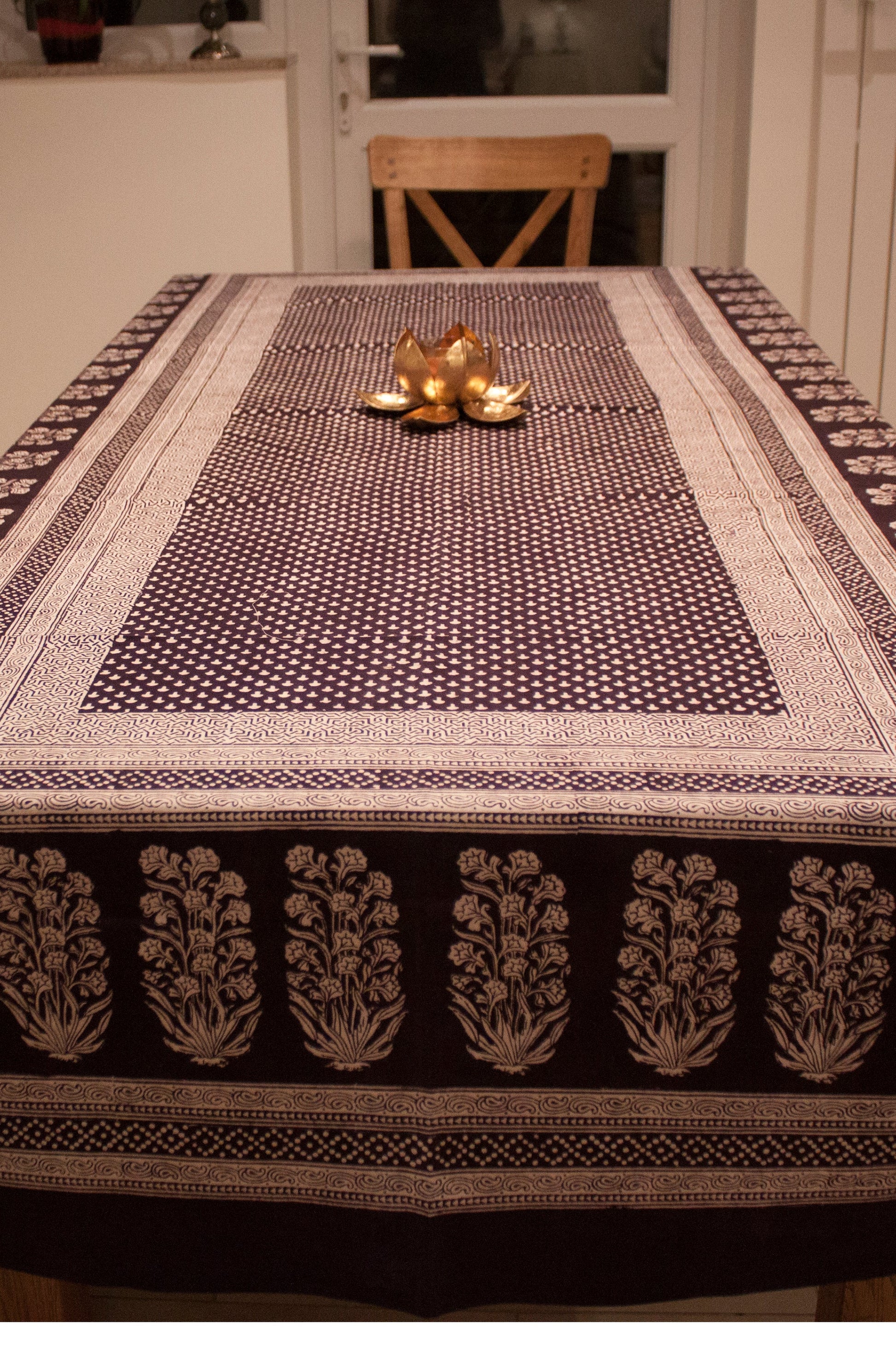 Mushroom & Floral Hand-block Print Table Cloth - Black White-1