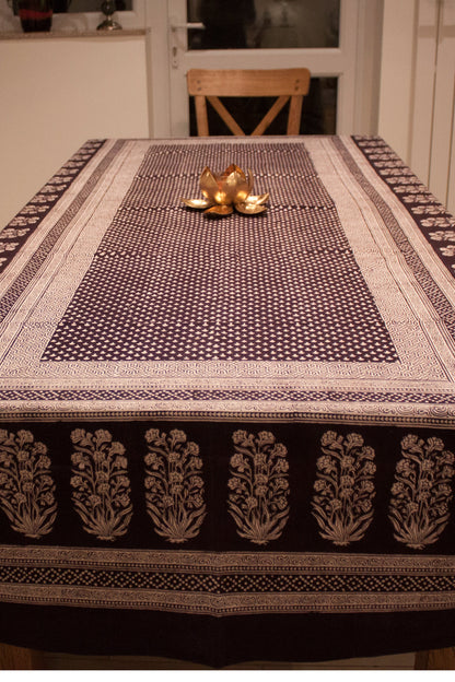 Mushroom & Floral Hand-block Print Table Cloth - Black White-1