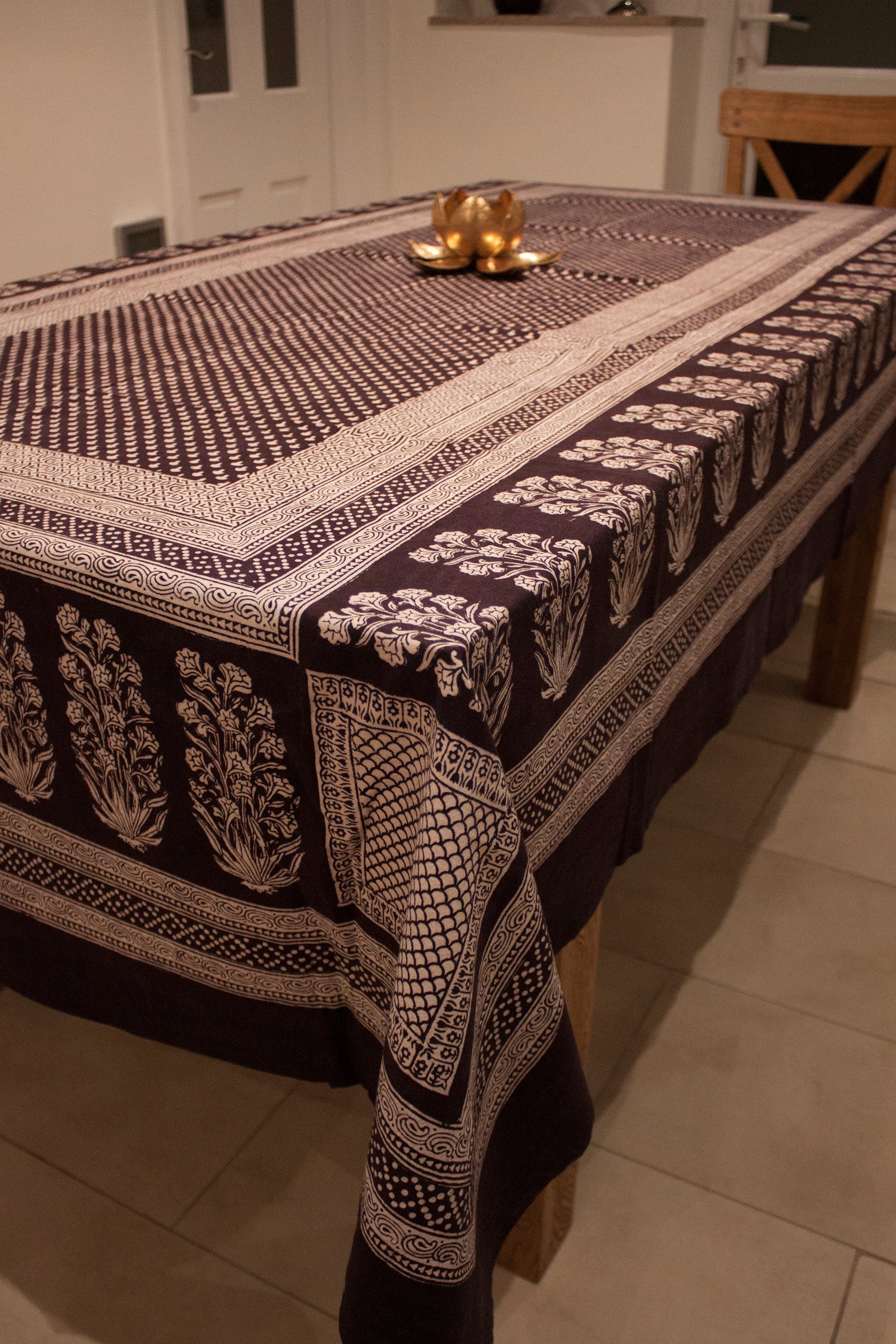 Mushroom & Floral Hand-block Print Table Cloth - Black White-0