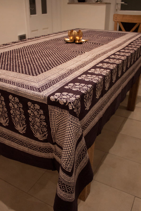 Mushroom & Floral Hand-block Print Table Cloth - Black White-0