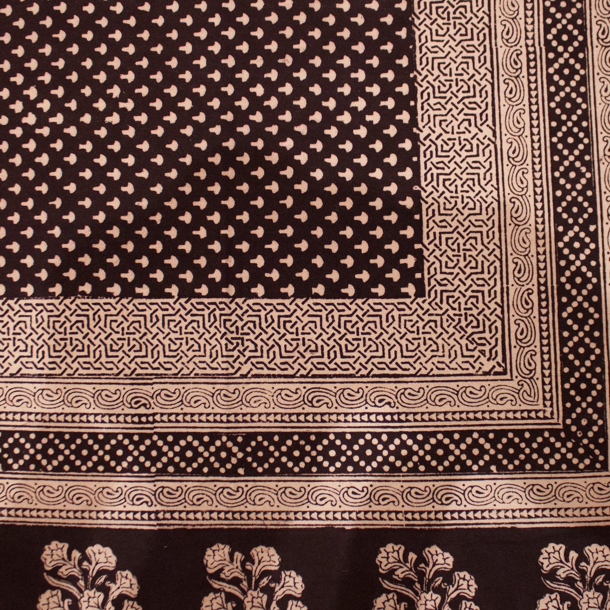 Mushroom & Floral Hand-block Print Table Cloth - Black White-3