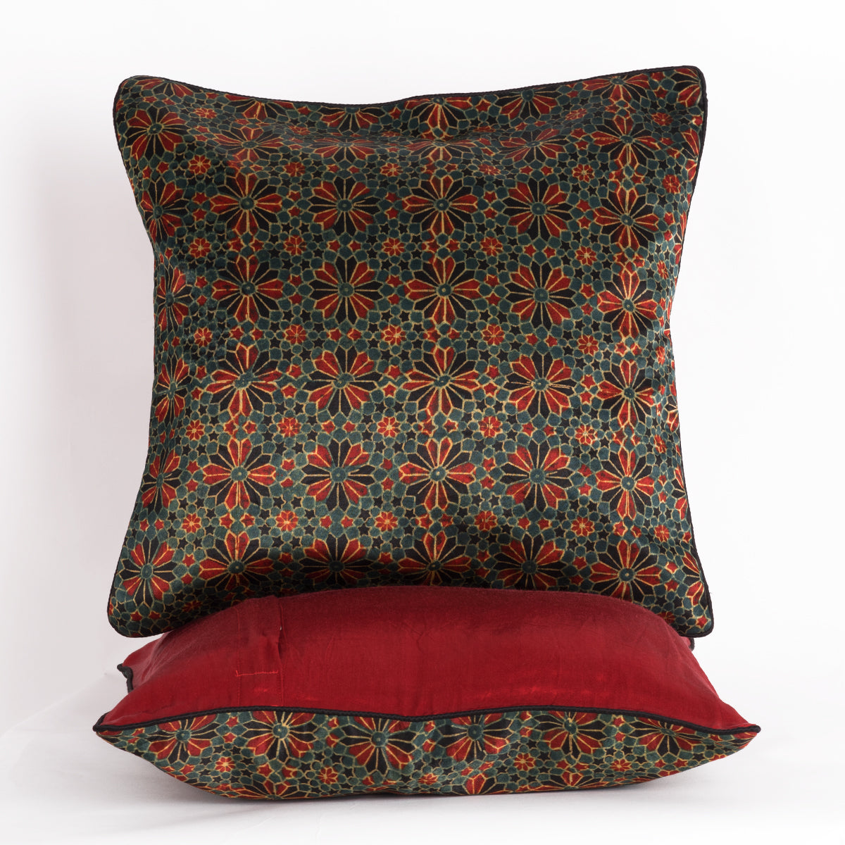 Geometric Flowers Hand Block Print Mashru Silk Cushion Cover - Red Black-1